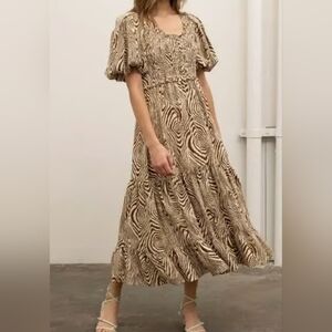 Moon River Midi Dress Brown Cream Swirl M Boho Cottagecore Modest Peasant Flowy
